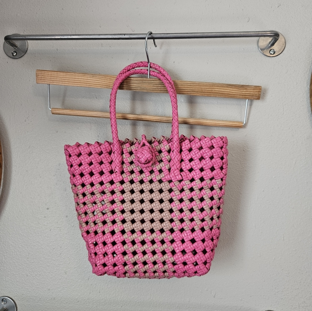 Mexican Artisan plastic woven basket Bubblegum pink and cream Tote Bag